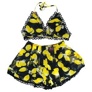 Miss Avenue Coquette Lemon Print Short Set Black Crochet Halter Lounge sz Large